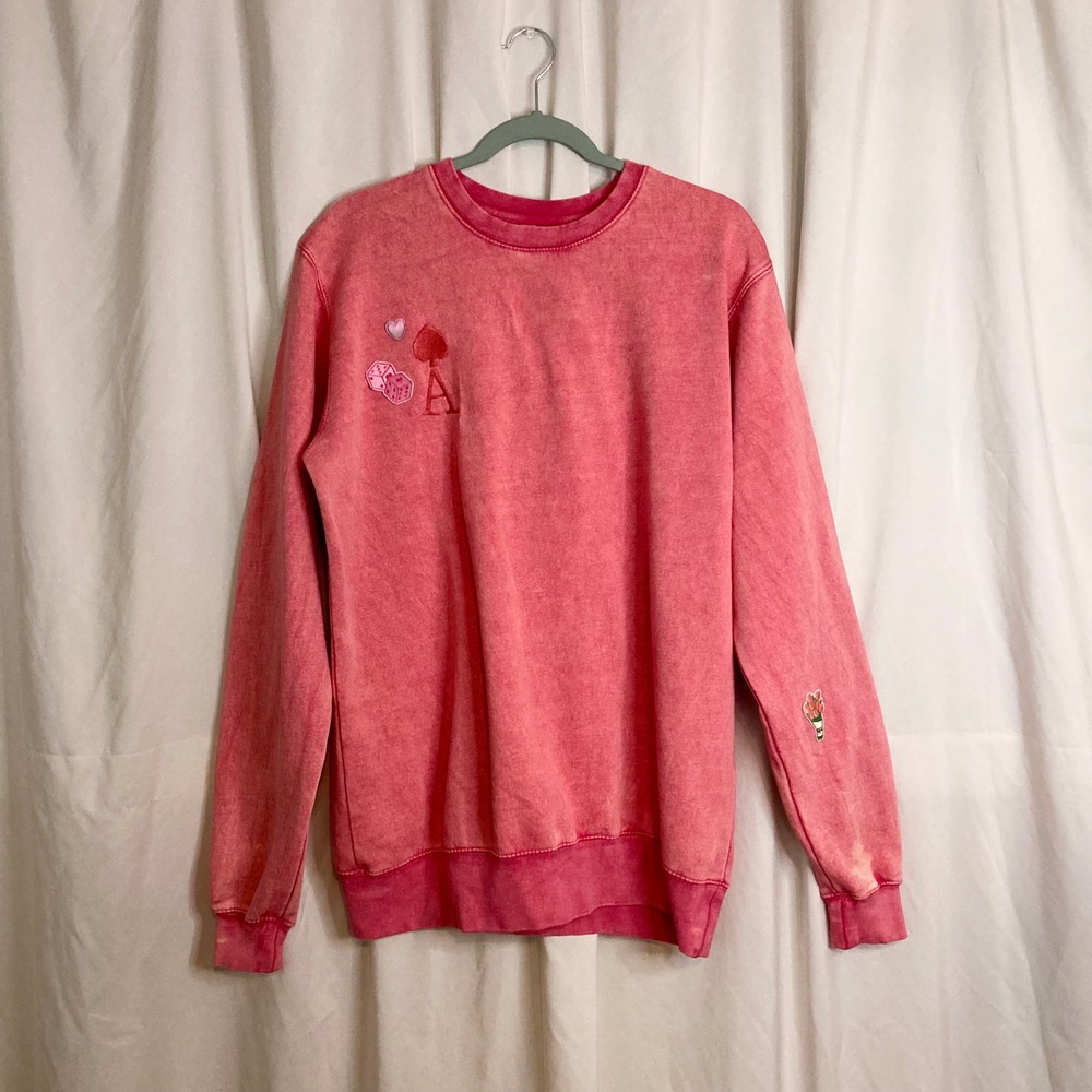 Pink Acid Wash Embroidered Patches Crewneck Sweatshirt M Teddy Bear Bow Coquette